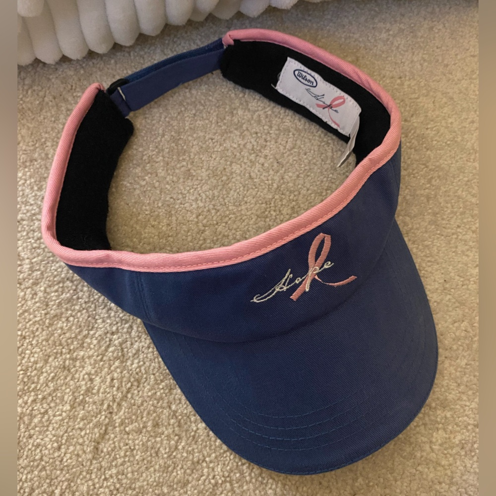 Wilson Navy Visor with Pink Trim and Pink Ribbon Embroidery Vintage Tennis